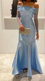 Classy Mermaid Off The Shoulder Blue Beads Prom Gown Summer Wedding Guest Dress Bridal Guest Dresses Wedding Outfits For Guest HZ1121