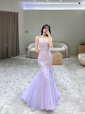Classy Mermaid Spaghetti Straps Lilac Tulle Long Prom Gown Summer Wedding Guest Dress Bridal Guest Dresses Wedding Outfits For Guest HZ1121