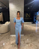 Classy Sheath Square Neck Ruffles Blue Satin Long Prom Gown Summer Wedding Guest Dress Bridal Guest Dresses Wedding Outfits For Guest HZ1121