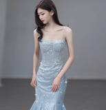 Modest Mermaid Spaghetti Straps Sequins Formal Gown 20th Birthday Dress Prom Dresses Backless 18th Birthday Outfits HZ1121