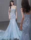 Modest Mermaid Spaghetti Straps Sequins Formal Gown 20th Birthday Dress Prom Dresses Backless 18th Birthday Outfits HZ1121