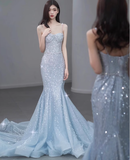 Modest Mermaid Spaghetti Straps Sequins Formal Gown 20th Birthday Dress Prom Dresses Backless 18th Birthday Outfits HZ1121