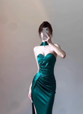Classy Sheath Sweetheart Slit Satin Ruffles Long Prom Dresses Formal Gown Summer Wedding Guest Dresses Wedding Guest Outfit HZ1121