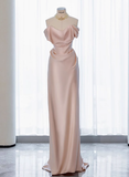 Classy Sheath Off The Shoulder Pink Satin Long Prom Dresses Formal Gown Summer Wedding Guest Dresses Wedding Guest Outfit HZ1121