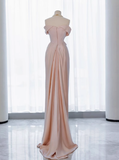 Classy Sheath Off The Shoulder Pink Satin Long Prom Dresses Formal Gown Summer Wedding Guest Dresses Wedding Guest Outfit HZ1121