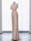 Classy Sheath Off The Shoulder Pink Satin Long Prom Dresses Formal Gown Summer Wedding Guest Dresses Wedding Guest Outfit HZ1121