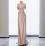 Classy Sheath Off The Shoulder Pink Satin Long Prom Dresses Formal Gown Summer Wedding Guest Dresses Wedding Guest Outfit HZ1121