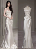 Dreamy Wedding Dress Sheath Strapless White Satin Summer Long Wedding Dresses Bridal Gowns With Cape HZ1121