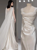 Dreamy Wedding Dress Sheath Strapless White Satin Summer Long Wedding Dresses Bridal Gowns With Cape HZ1121