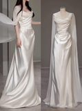 Dreamy Wedding Dress Sheath Strapless White Satin Summer Long Wedding Dresses Bridal Gowns With Cape HZ1121