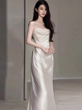 Dreamy Wedding Dress Sheath Strapless White Satin Summer Long Wedding Dresses Bridal Gowns With Cape HZ1121