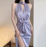 Classy Sheath High Neck Lilac Satin Long Prom Dresses Formal Gown Summer Wedding Guest Dresses Wedding Guest Outfit HZ1121