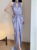 Classy Sheath High Neck Lilac Satin Long Prom Dresses Formal Gown Summer Wedding Guest Dresses Wedding Guest Outfit HZ1121
