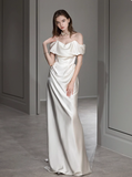 Dreamy Wedding Dress Sheath Off The Shoulder White Satin Summer Long Wedding Dresses Bridal Gowns With Sleeves HZ1121