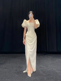 Vintage Wedding Dress Sheath Square Neck Short Sleeves White Summer Beach Long Wedding Dresses Bridal Gowns HZ1121