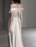 Dreamy Wedding Dress Sheath Off The Shoulder White Satin Summer Long Wedding Dresses Bridal Gowns With Sleeves HZ1121