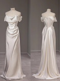 Dreamy Wedding Dress Sheath Off The Shoulder White Satin Summer Long Wedding Dresses Bridal Gowns With Sleeves HZ1121