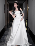 Dreamy Wedding Dress A Line Off The Shoulder White Satin Summer Long Wedding Dresses Bridal Gowns With Sleeves HZ1121