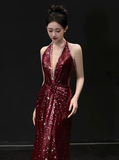 Modest Mermaid V Neck Burgundy Sequins Formal Gown 20th Birthday Dress Prom Dresses Backless 18th Birthday Outfits HZ1121