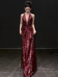 Modest Mermaid V Neck Burgundy Sequins Formal Gown 20th Birthday Dress Prom Dresses Backless 18th Birthday Outfits HZ1121