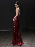 Modest Mermaid V Neck Burgundy Sequins Formal Gown 20th Birthday Dress Prom Dresses Backless 18th Birthday Outfits HZ1121