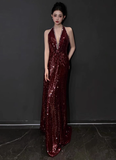 Modest Mermaid V Neck Burgundy Sequins Formal Gown 20th Birthday Dress Prom Dresses Backless 18th Birthday Outfits HZ1121