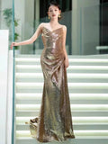 Classy Mermaid Sweetheart Sequin Gold Long Prom Dresses Formal Gown Summer Wedding Guest Dress Wedding Outfits For Guest HZ1121