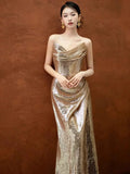 Classy Mermaid Sweetheart Sequin Gold Long Prom Dresses Formal Gown Summer Wedding Guest Dress Wedding Outfits For Guest HZ1121