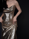Modest Mermaid Strapless Champagne Sequins Formal Gown 20th Birthday Dress Prom Dresses Backless 18th Birthday Outfits HZ1121