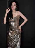 Modest Mermaid Strapless Champagne Sequins Formal Gown 20th Birthday Dress Prom Dresses Backless 18th Birthday Outfits HZ1121