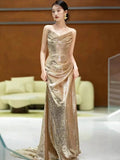 Classy Mermaid Sweetheart Sequin Gold Long Prom Dresses Formal Gown Summer Wedding Guest Dress Wedding Outfits For Guest HZ1121