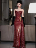 Classy Mermaid Strapless Burgundy Sequin Slit Long Formal Gown Summer Wedding Guest Dress Bridal Guest Dresses Wedding Outfits For Guest HZ1121