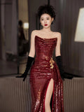 Classy Mermaid Strapless Burgundy Sequin Slit Long Formal Gown Summer Wedding Guest Dress Bridal Guest Dresses Wedding Outfits For Guest HZ1121