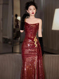 Classy Mermaid Strapless Burgundy Sequin Slit Long Formal Gown Summer Wedding Guest Dress Bridal Guest Dresses Wedding Outfits For Guest HZ1121
