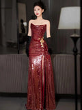 Classy Mermaid Strapless Burgundy Sequin Slit Long Formal Gown Summer Wedding Guest Dress Bridal Guest Dresses Wedding Outfits For Guest HZ1121