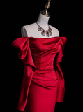 Classy Sheath Off The Shoulder Red Satin Long Prom Dresses Formal Gown Summer Wedding Guest Dresses Wedding Guest Outfit HZ1121