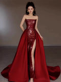 Classy Mermaid Strapless Burgundy Sequin Slit Long Prom Gown Summer Wedding Guest Dress Bridal Guest Dresses Wedding Outfits For Guest HZ1121
