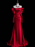 Classy Sheath Off The Shoulder Red Satin Long Prom Dresses Formal Gown Summer Wedding Guest Dresses Wedding Guest Outfit HZ1121