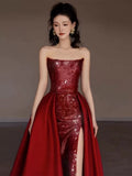 Classy Mermaid Strapless Burgundy Sequin Slit Long Prom Gown Summer Wedding Guest Dress Bridal Guest Dresses Wedding Outfits For Guest HZ1121