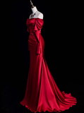 Classy Sheath Off The Shoulder Red Satin Long Prom Dresses Formal Gown Summer Wedding Guest Dresses Wedding Guest Outfit HZ1121