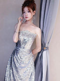 Classy Mermaid Strapless Silver Sequin Long Prom Gown Summer Wedding Guest Dress Bridal Guest Dresses Wedding Outfits For Guest HZ1121