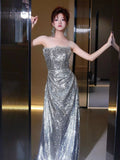 Classy Mermaid Strapless Silver Sequin Long Prom Gown Summer Wedding Guest Dress Bridal Guest Dresses Wedding Outfits For Guest HZ1121