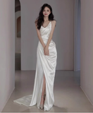Dreamy Wedding Dress Sheath Spaghetti Straps White Satin Slit Summer Long Wedding Dresses Bridal Gowns HZ1121