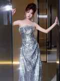 Classy Mermaid Strapless Silver Sequin Long Prom Gown Summer Wedding Guest Dress Bridal Guest Dresses Wedding Outfits For Guest HZ1121