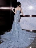 Classy Mermaid Gray Silver Beads Sleeveless Sequin Long Prom Dresses Party Dress Birthday Outfits Graduation Dresses HZ1121