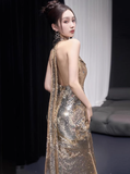 Classy Mermaid Gold Sequin Long Prom Dresses Formal Gown Summer Wedding Guest Dresses Wedding Guest Outfit HZ1121