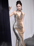 Classy Mermaid Gold Sequin Long Prom Dresses Formal Gown Summer Wedding Guest Dresses Wedding Guest Outfit HZ1121