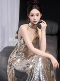 Classy Mermaid Gold Sequin Long Prom Dresses Formal Gown Summer Wedding Guest Dresses Wedding Guest Outfit HZ1121