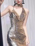 Classy Mermaid Gold Sequin Long Prom Dresses Formal Gown Summer Wedding Guest Dresses Wedding Guest Outfit HZ1121