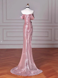 Classy Mermaid Off The Shoulder Pink Sequin Long Prom Dresses Formal Gown Summer Wedding Guest Dresses Wedding Guest Outfit HZ1121